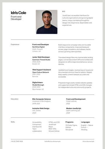 Idris Cole — Front-end Developer resume template preview