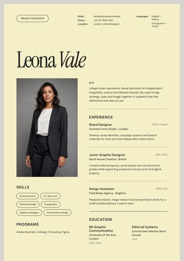 Leona Vale — Brand Designer resume template preview