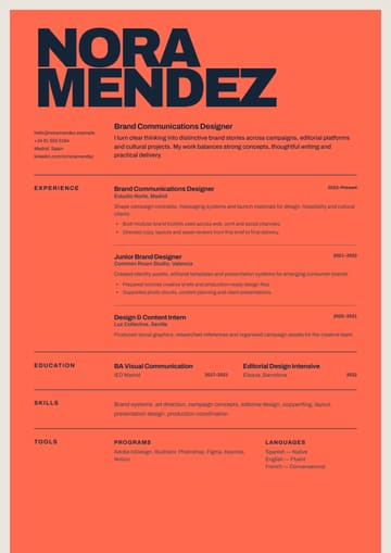 Nora Mendez — Brand Communications Designer resume template preview