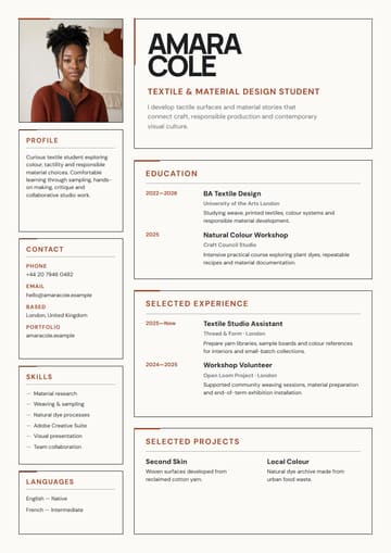 Amara Cole Textile Design Student resume template preview