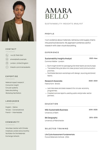 Amara Bello — Sustainability Insights Analyst resume template preview