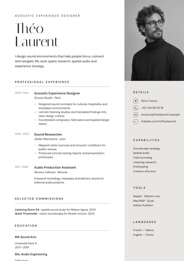 Théo Laurent — Acoustic Experience Designer resume template preview