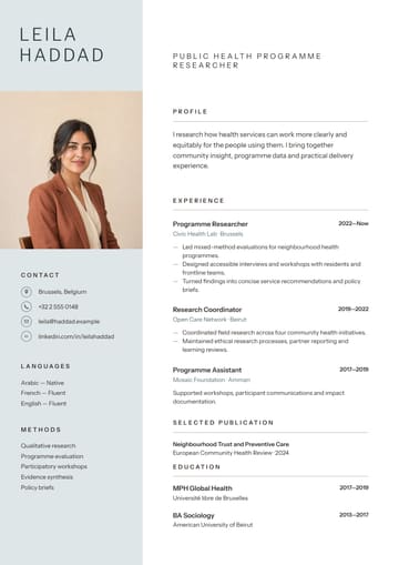 Leila Haddad — Public Health Programme Researcher resume template preview