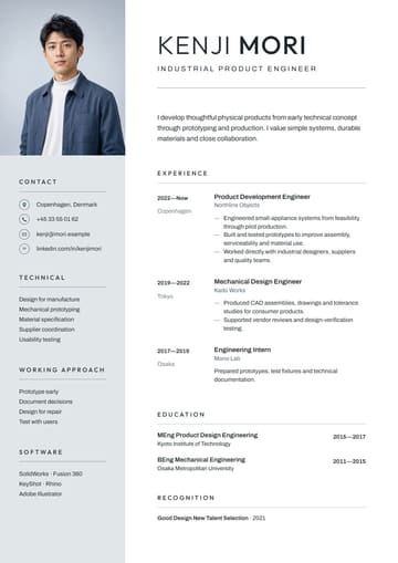 Kenji Mori — Industrial Product Engineer resume template preview