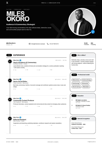 Miles Okoro — Audience & Commentary Strategist resume template preview