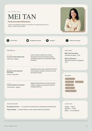 Mei Tan — Food Innovation Researcher resume template preview