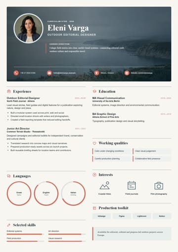 Eleni Varga — Outdoor Editorial Designer resume template preview