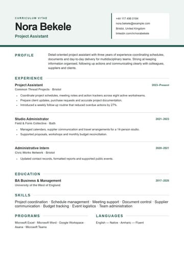 Nora Bekele Project Assistant resume template preview