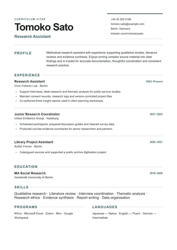 Tomoko Sato Research Assistant resume template preview