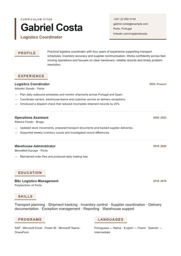 Gabriel Costa Logistics Coordinator resume template preview