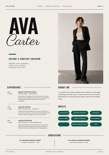 Ava Carter Editorial resume template preview