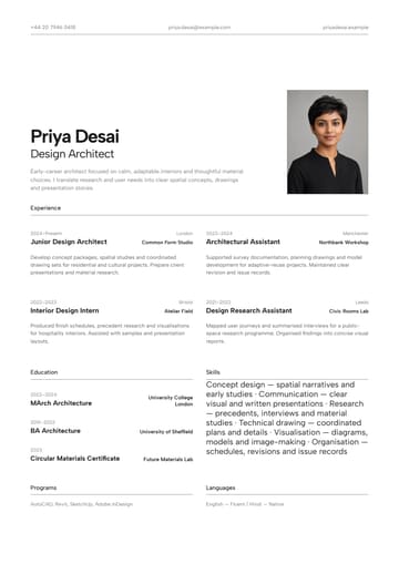 Priya Desai — Design Architect resume template preview