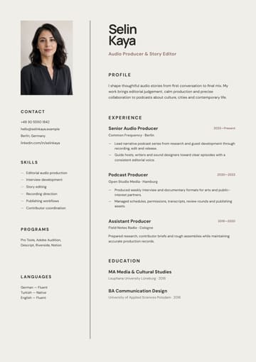 Selin Kaya — Audio Producer & Story Editor resume template preview