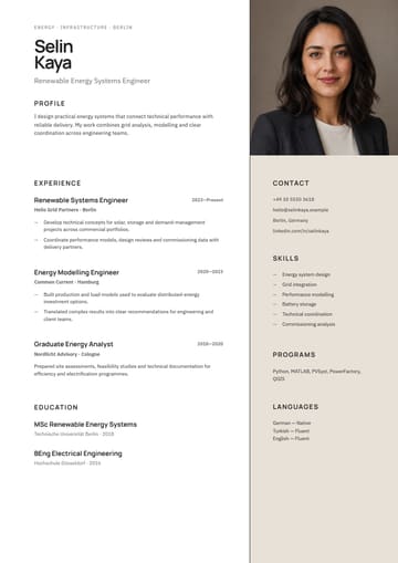Selin Kaya — Renewable Energy Systems Engineer resume template preview