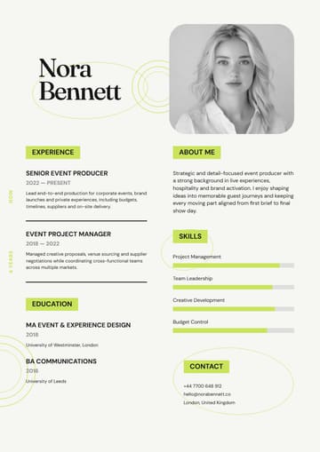 Nora Bennett Event Manager resume template preview