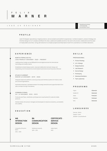 Felix Warner Swiss Timeline resume template preview