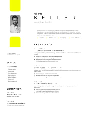 Adrian Keller Product Designer resume template preview