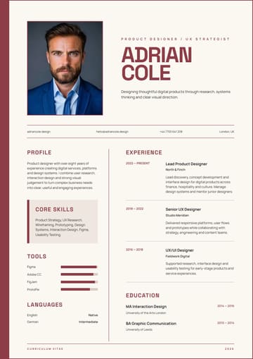 Adrian Cole Product Designer resume template preview