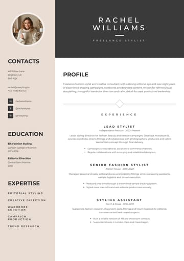 Rachel Williams Stylist resume template preview